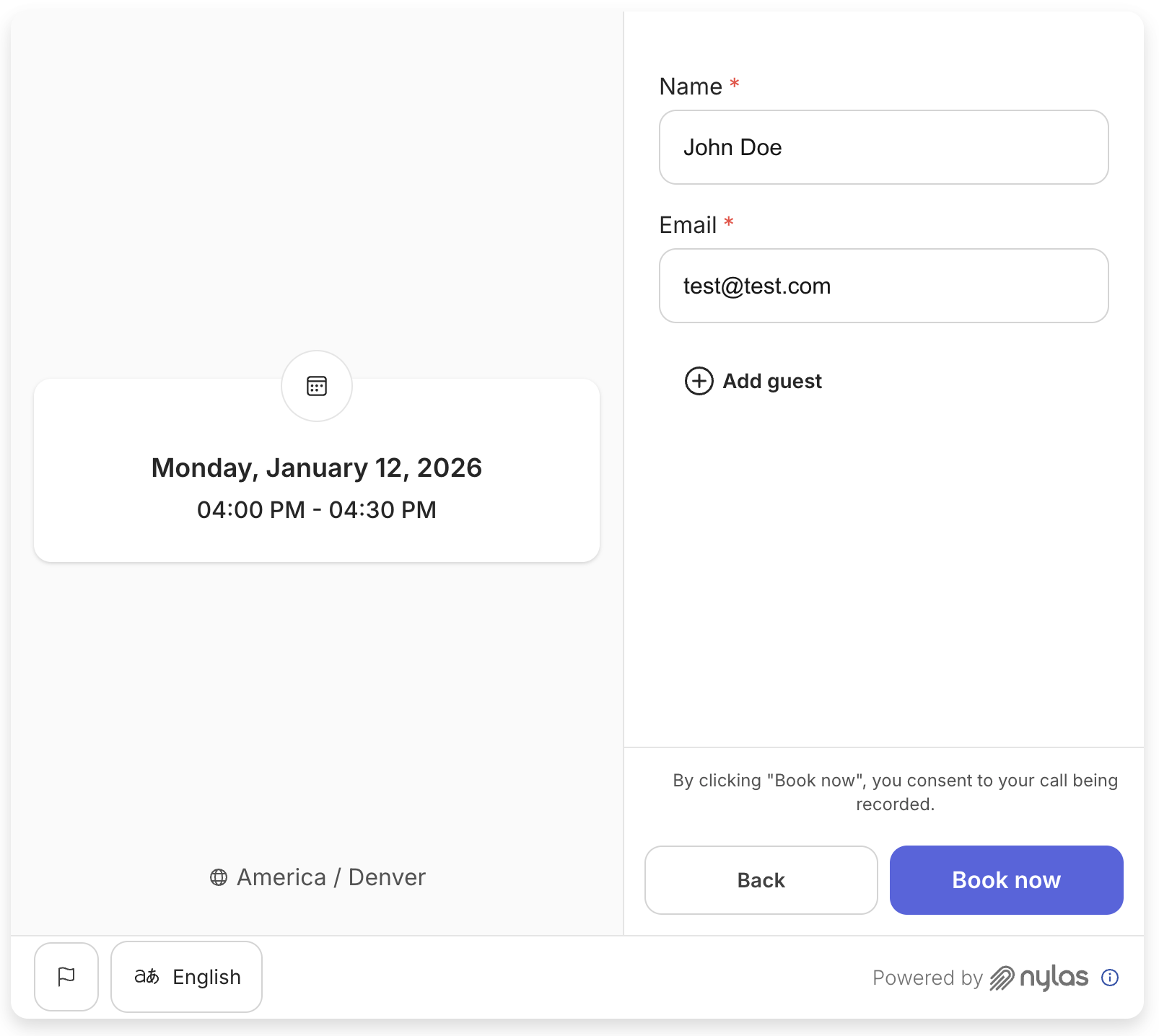 The Scheduler booking page displaying a consent message informing guests that the meeting will be recorded.